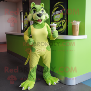 Lime Green Thylacosmilus mascot costume character dressed with a Bikini and Caps