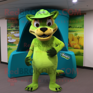 Lime Green Thylacosmilus mascot costume character dressed with a Bikini and Caps