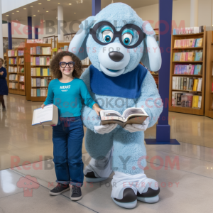 Sky Blue Suffolk Sheep mascot costume character dressed with a Mom Jeans and Reading glasses