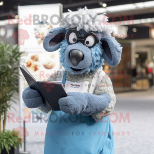 Sky Blue Suffolk Sheep mascot costume character dressed with a Mom Jeans and Reading glasses