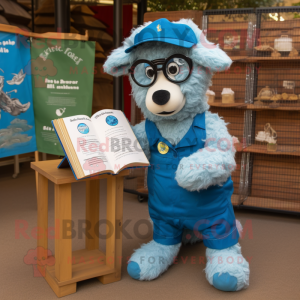 Sky Blue Suffolk Sheep mascot costume character dressed with a Mom Jeans and Reading glasses