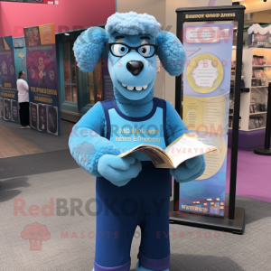 Sky Blue Suffolk Sheep mascot costume character dressed with a Mom Jeans and Reading glasses