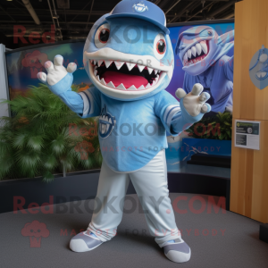 Sky Blue Megalodon mascot costume character dressed with a Baseball Tee and Hair clips