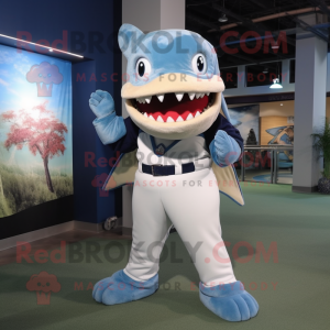 Sky Blue Megalodon mascot costume character dressed with a Baseball Tee and Hair clips