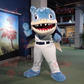 Sky Blue Megalodon mascot costume character dressed with a Baseball Tee and Hair clips