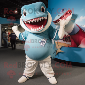 Sky Blue Megalodon mascot costume character dressed with a Baseball Tee and Hair clips