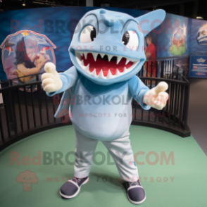 Sky Blue Megalodon mascot costume character dressed with a Baseball Tee and Hair clips