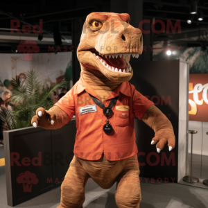 Rust Tyrannosaurus mascot costume character dressed with a Henley Shirt and Bracelets