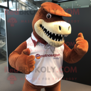 Rust Tyrannosaurus mascot costume character dressed with a Henley Shirt and Bracelets