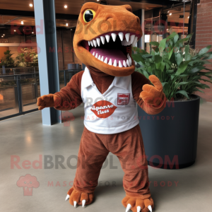 Rust Tyrannosaurus mascot costume character dressed with a Henley Shirt and Bracelets