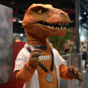 Rust Tyrannosaurus mascot costume character dressed with a Henley Shirt and Bracelets