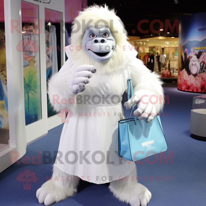 White Gorilla mascot costume character dressed with a Shift Dress and Handbags White Gorilla mascot costume character dressed with a Shift Dress and Handbags