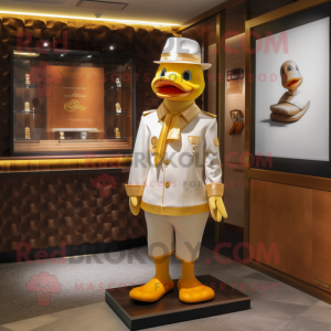 Gold Duck mascot costume character dressed with a Chinos and Brooches