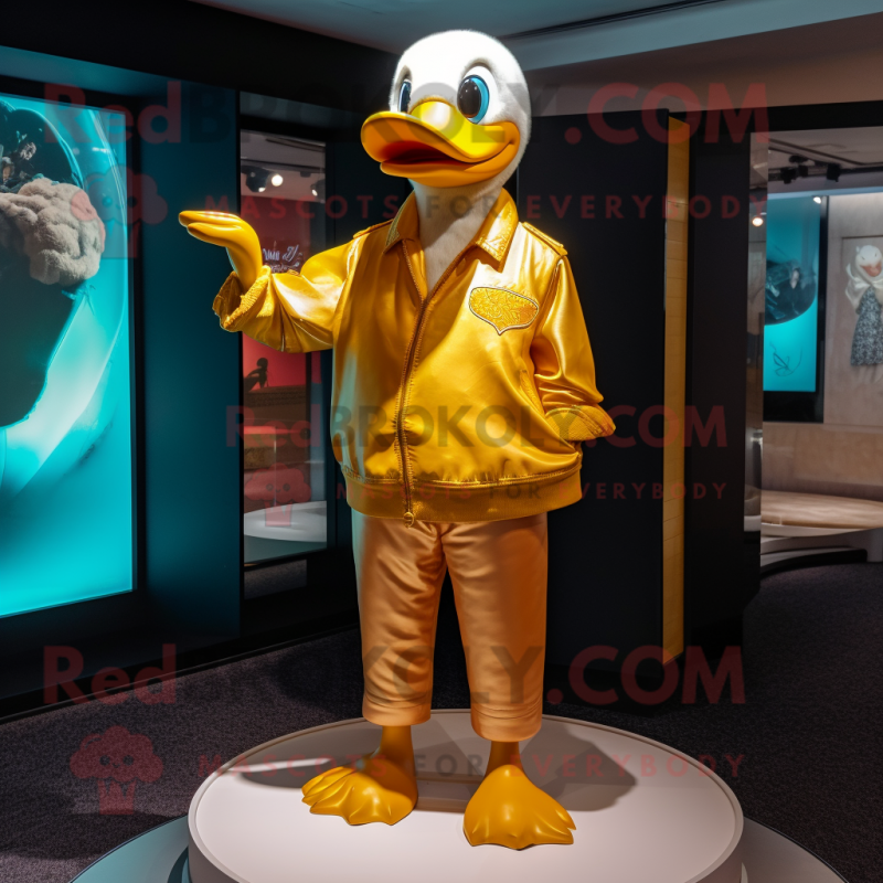 Gold Duck mascot costume character dressed with a Chinos and Brooches