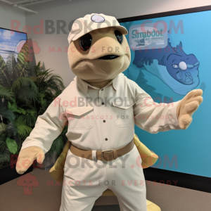 Cream Sea Turtle mascot costume character dressed with a Poplin Shirt and Beanies