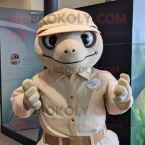 Cream Sea Turtle mascot costume character dressed with a Poplin Shirt and Beanies