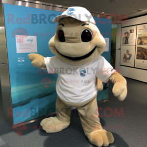 Cream Sea Turtle mascot costume character dressed with a Poplin Shirt and Beanies
