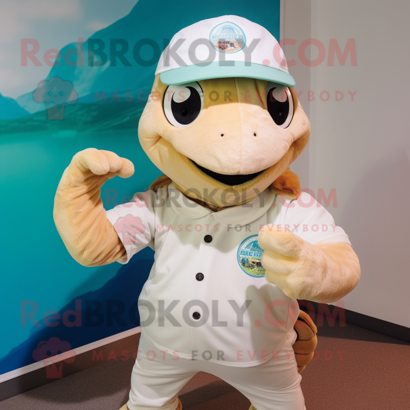 Cream Sea Turtle mascot costume character dressed with a Poplin Shirt and Beanies Cream Sea Turtle mascot costume character dressed with a Poplin Shirt and Beanies