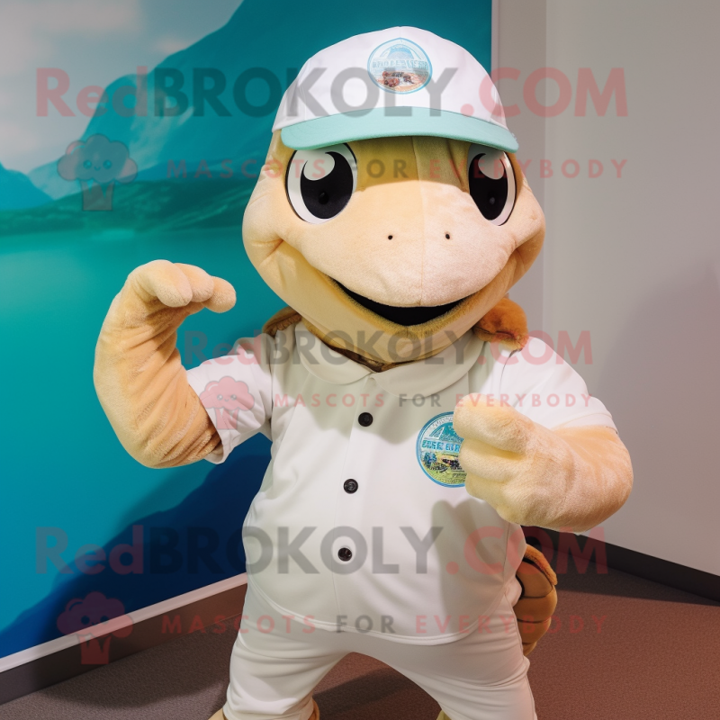 Cream Sea Turtle mascot costume character dressed with a Poplin Shirt and Beanies