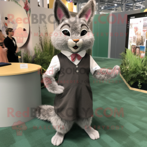 Gray Bobcat mascot costume character dressed with a Pleated Skirt and Lapel pins