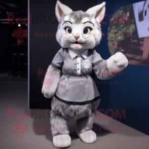 Gray Bobcat mascot costume character dressed with a Pleated Skirt and Lapel pins