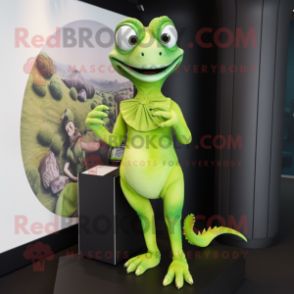 Lime Green Lizard mascot costume character dressed with a Pencil Skirt and Hairpins