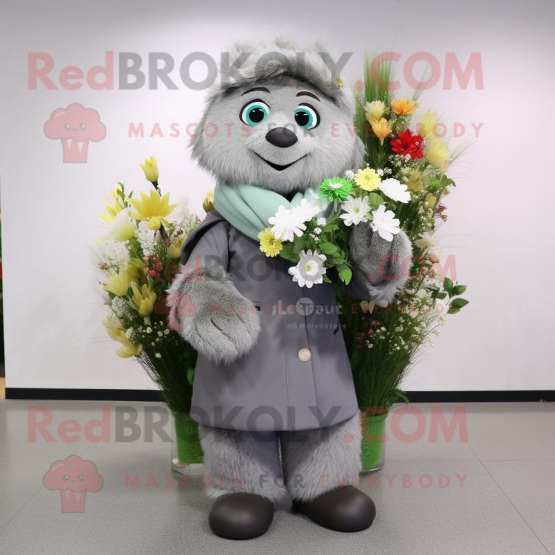 Gray Bouquet Of Flowers mascot costume character dressed with a Coat and Belts Gray Bouquet Of Flowers mascot costume character dressed with a Coat and Belts