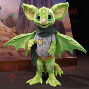 Lime Green Fruit Bat mascot costume character dressed with a Mom Jeans and Scarf clips