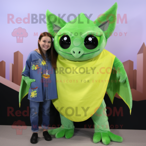 Lime Green Fruit Bat mascot costume character dressed with a Mom Jeans and Scarf clips