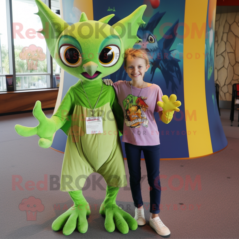 Lime Green Fruit Bat mascot costume character dressed with a Mom Jeans and Scarf clips Lime Green Fruit Bat mascot costume character dressed with a Mom Jeans and Scarf clips