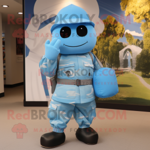 Sky Blue Army Soldier mascot costume character dressed with a Wrap Dress and Messenger bags