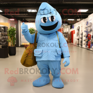 Sky Blue Army Soldier mascot costume character dressed with a Wrap Dress and Messenger bags