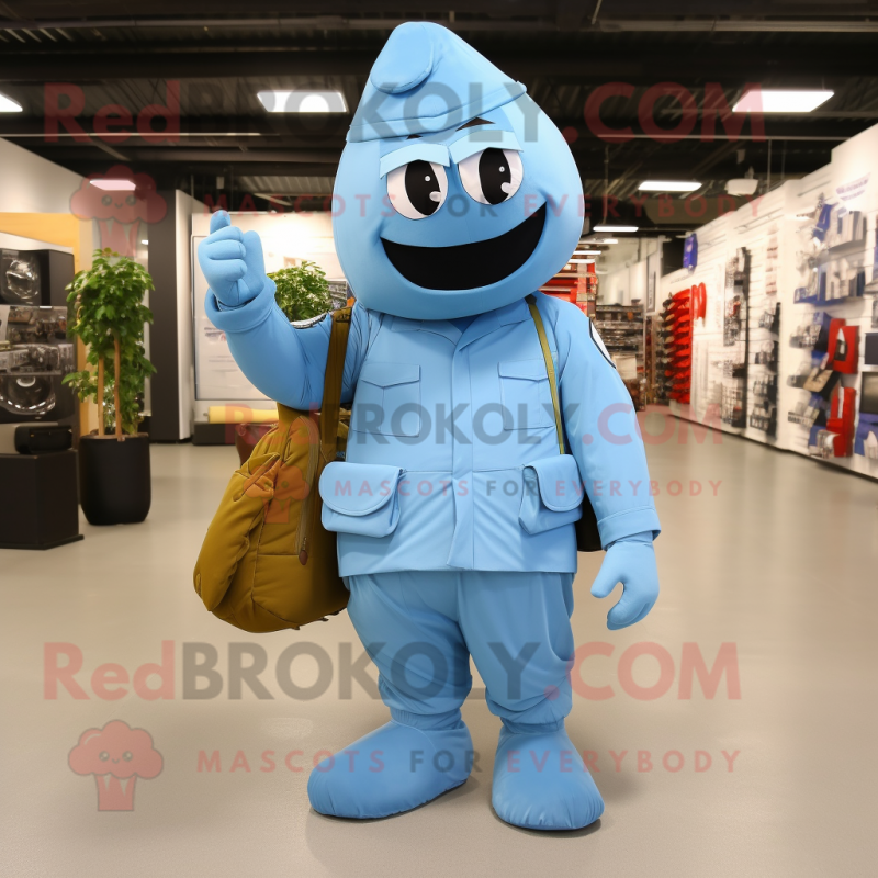 Sky Blue Army Soldier mascot costume character dressed with a Wrap Dress and Messenger bags