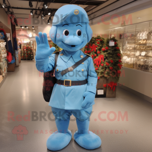 Sky Blue Army Soldier mascot costume character dressed with a Wrap Dress and Messenger bags