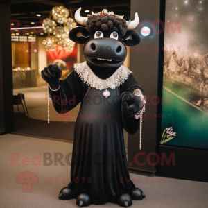 Black Beef Stroganoff mascot costume character dressed with a Evening Gown and Earrings