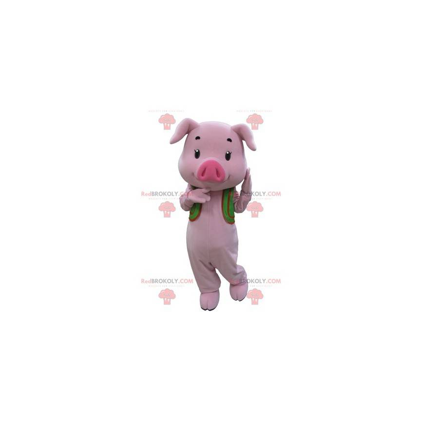 Mascotte de cochon rose avec un gilet vert - Redbrokoly.com
