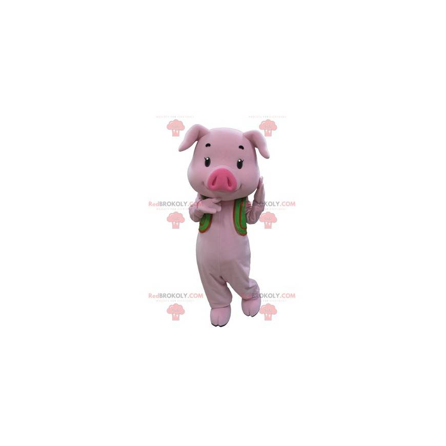 Pink pig mascot with a green vest - Redbrokoly.com