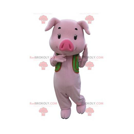 Mascote porco rosa com colete verde - Redbrokoly.com