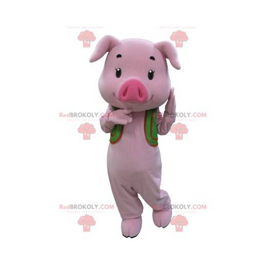 Mascotte de cochon rose avec un gilet vert - Redbrokoly.com
