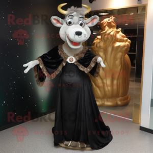 Black Beef Stroganoff mascot costume character dressed with a Evening Gown and Earrings