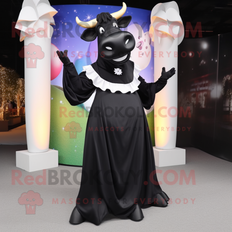 Black Beef Stroganoff mascot costume character dressed with a Evening Gown and Earrings