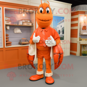 Orange Lobster Bisque mascot costume character dressed with a Oxford Shirt and Shoe clips