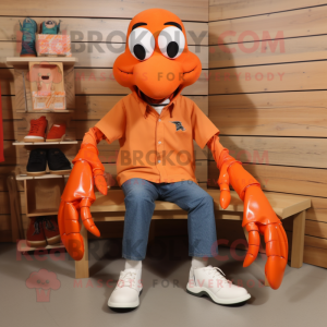 Orange Lobster Bisque mascot costume character dressed with a Oxford Shirt and Shoe clips