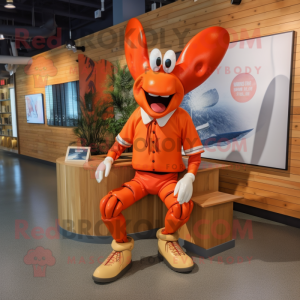 Orange Lobster Bisque mascot costume character dressed with a Oxford Shirt and Shoe clips