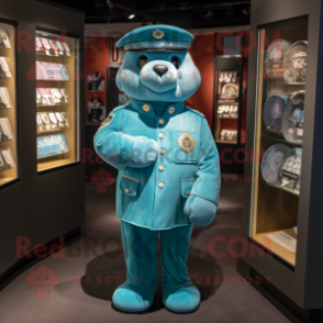 Teal Police Officer mascot costume character dressed with a Romper and Shawl pins