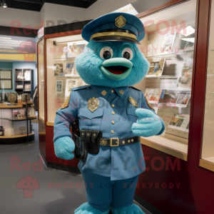 Teal Police Officer mascot costume character dressed with a Romper and Shawl pins