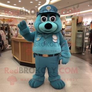 Teal Police Officer mascot costume character dressed with a Romper and Shawl pins