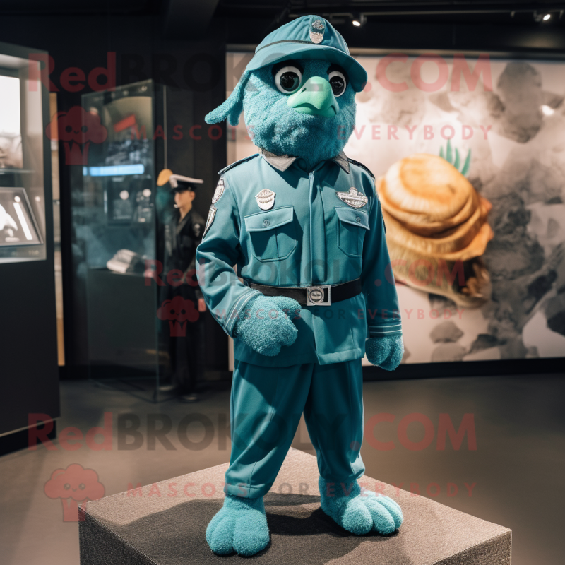 Teal Police Officer mascot costume character dressed with a Romper and Shawl pins Teal Police Officer mascot costume character dressed with a Romper and Shawl pins