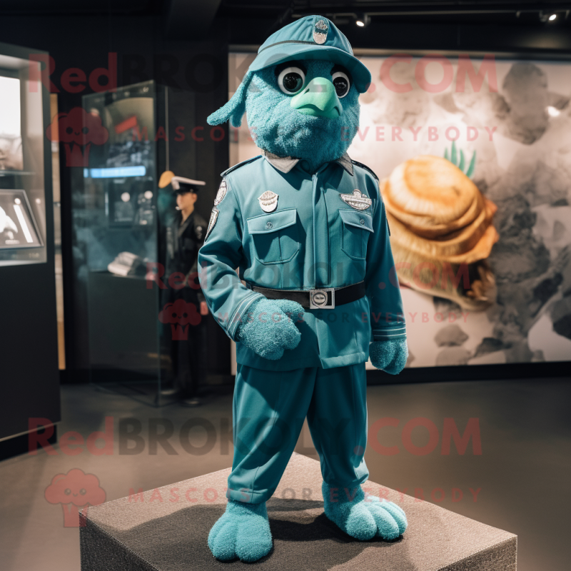 Teal Police Officer mascot costume character dressed with a Romper and Shawl pins