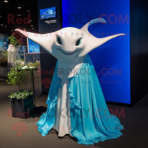 Cyan Manta Ray mascot costume character dressed with a Wedding Dress and Hair clips